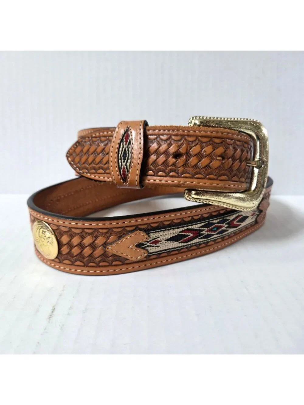 Nocona Belt Mens 38 Brown Tooled Leather Embroidered Inlay Western Cowboy Rodeo